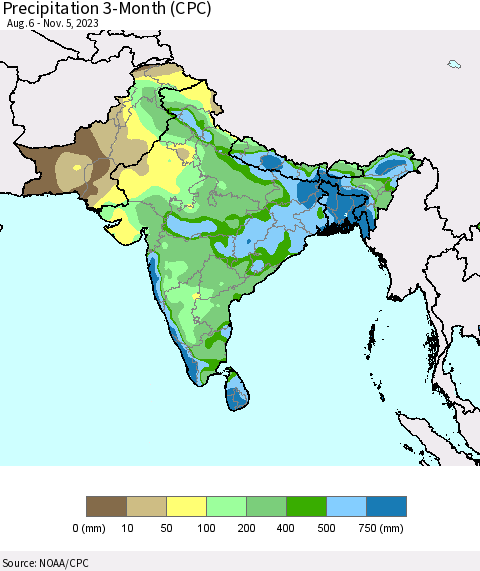 Southern Asia Precipitation 3-Month (CPC) Thematic Map For 8/6/2023 - 11/5/2023