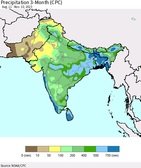 Southern Asia Precipitation 3-Month (CPC) Thematic Map For 8/11/2023 - 11/10/2023