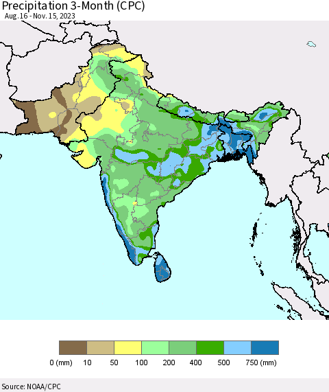 Southern Asia Precipitation 3-Month (CPC) Thematic Map For 8/16/2023 - 11/15/2023