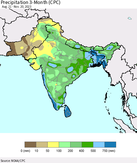 Southern Asia Precipitation 3-Month (CPC) Thematic Map For 8/21/2023 - 11/20/2023