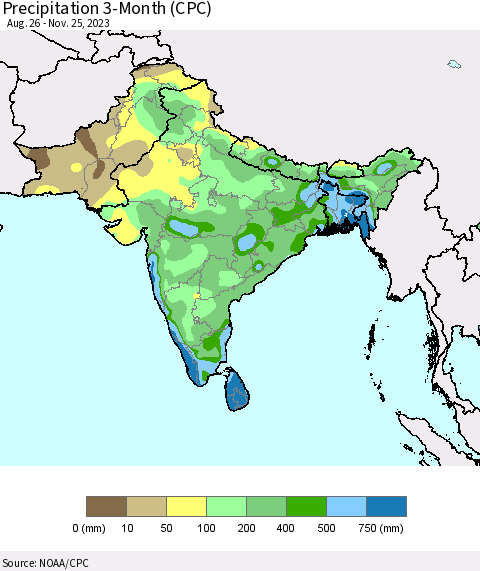 Southern Asia Precipitation 3-Month (CPC) Thematic Map For 8/26/2023 - 11/25/2023