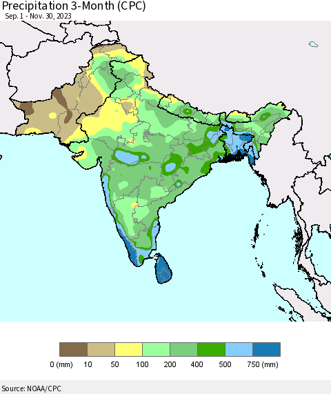 Southern Asia Precipitation 3-Month (CPC) Thematic Map For 9/1/2023 - 11/30/2023