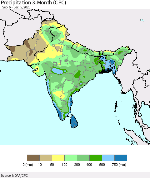 Southern Asia Precipitation 3-Month (CPC) Thematic Map For 9/6/2023 - 12/5/2023
