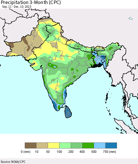 Southern Asia Precipitation 3-Month (CPC) Thematic Map For 9/11/2023 - 12/10/2023