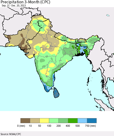Southern Asia Precipitation 3-Month (CPC) Thematic Map For 9/21/2023 - 12/20/2023