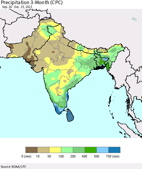 Southern Asia Precipitation 3-Month (CPC) Thematic Map For 9/26/2023 - 12/25/2023