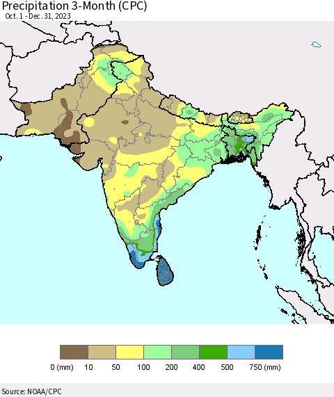 Southern Asia Precipitation 3-Month (CPC) Thematic Map For 10/1/2023 - 12/31/2023