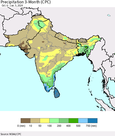 Southern Asia Precipitation 3-Month (CPC) Thematic Map For 10/6/2023 - 1/5/2024