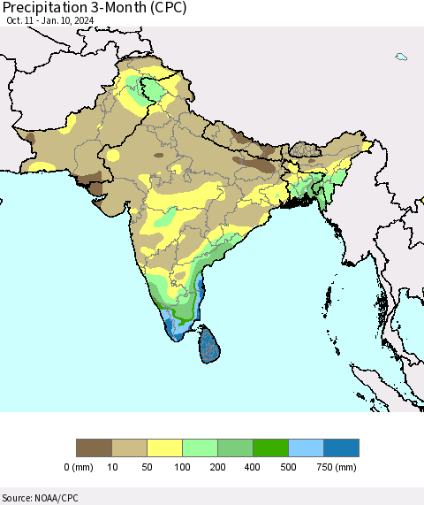 Southern Asia Precipitation 3-Month (CPC) Thematic Map For 10/11/2023 - 1/10/2024