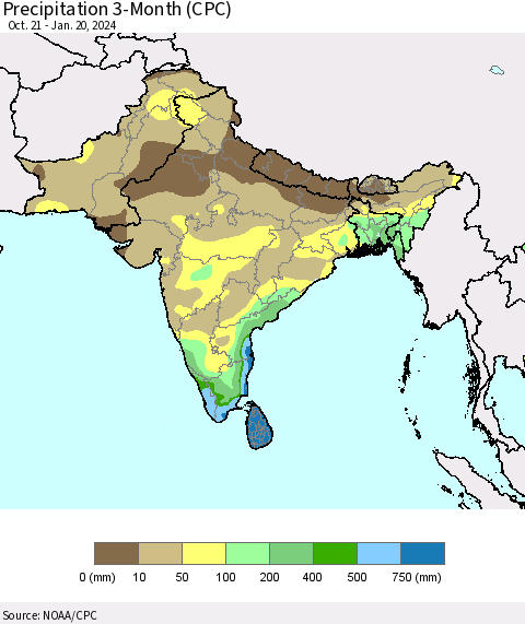 Southern Asia Precipitation 3-Month (CPC) Thematic Map For 10/21/2023 - 1/20/2024