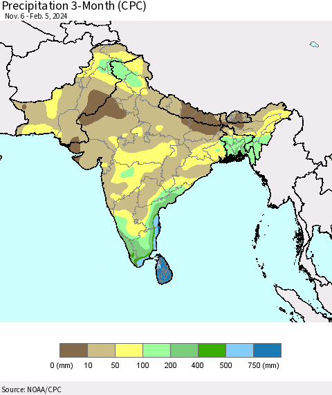 Southern Asia Precipitation 3-Month (CPC) Thematic Map For 11/6/2023 - 2/5/2024