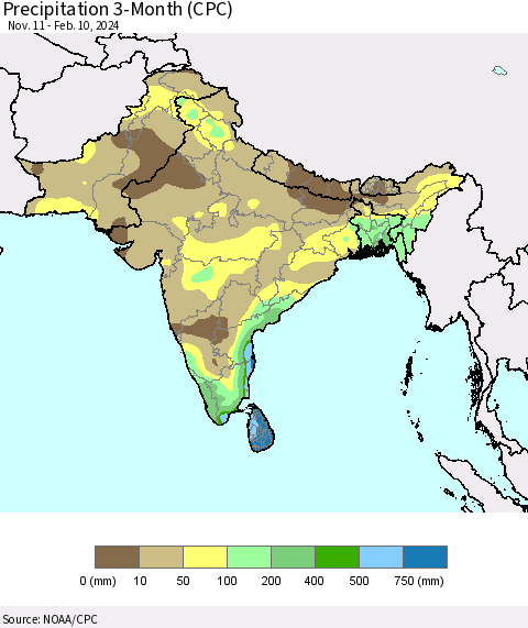 Southern Asia Precipitation 3-Month (CPC) Thematic Map For 11/11/2023 - 2/10/2024