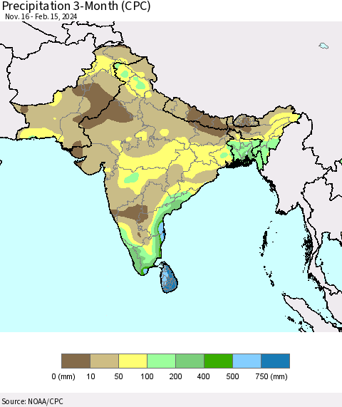 Southern Asia Precipitation 3-Month (CPC) Thematic Map For 11/16/2023 - 2/15/2024