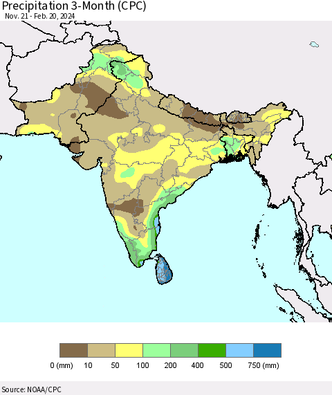 Southern Asia Precipitation 3-Month (CPC) Thematic Map For 11/21/2023 - 2/20/2024
