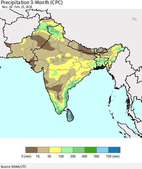 Southern Asia Precipitation 3-Month (CPC) Thematic Map For 11/26/2023 - 2/25/2024