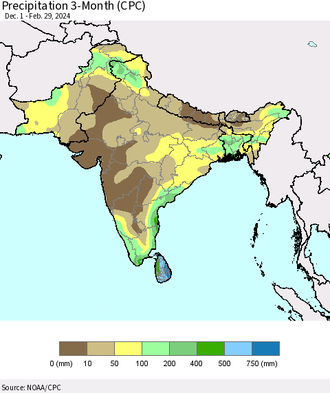 Southern Asia Precipitation 3-Month (CPC) Thematic Map For 12/1/2023 - 2/29/2024