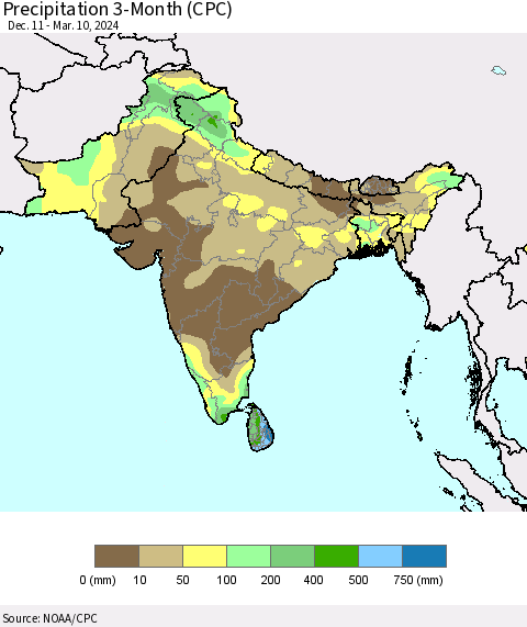 Southern Asia Precipitation 3-Month (CPC) Thematic Map For 12/11/2023 - 3/10/2024