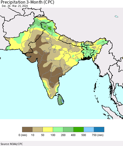 Southern Asia Precipitation 3-Month (CPC) Thematic Map For 12/26/2023 - 3/25/2024