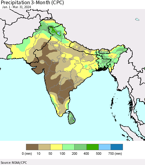 Southern Asia Precipitation 3-Month (CPC) Thematic Map For 1/1/2024 - 3/31/2024