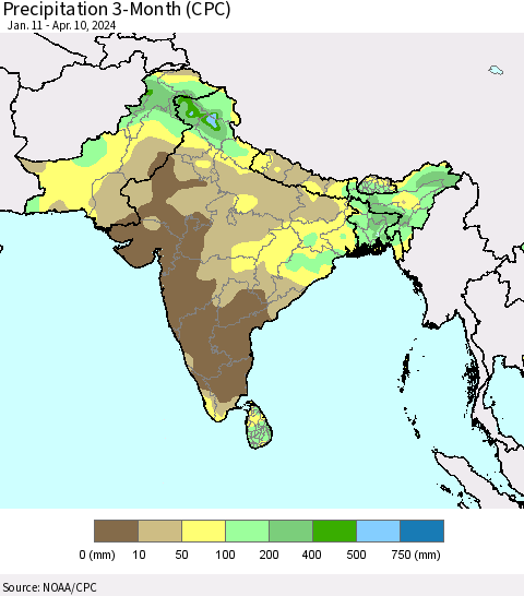 Southern Asia Precipitation 3-Month (CPC) Thematic Map For 1/11/2024 - 4/10/2024