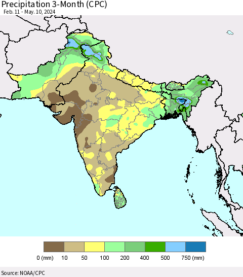 Southern Asia Precipitation 3-Month (CPC) Thematic Map For 2/11/2024 - 5/10/2024