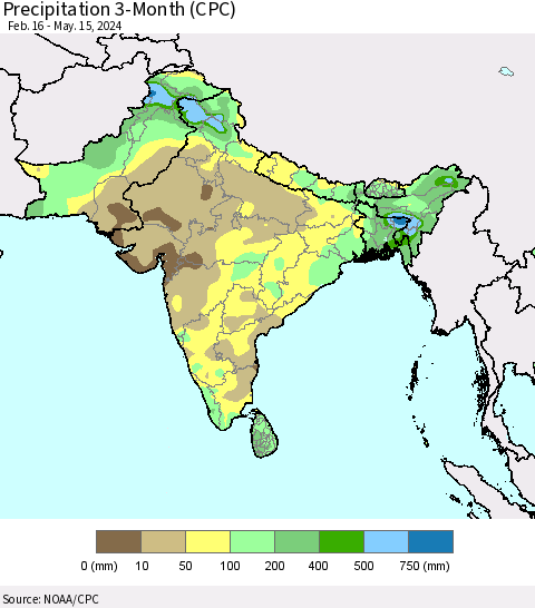 Southern Asia Precipitation 3-Month (CPC) Thematic Map For 2/16/2024 - 5/15/2024