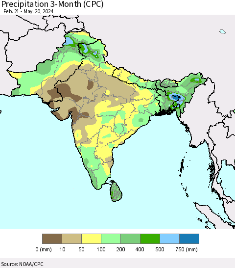 Southern Asia Precipitation 3-Month (CPC) Thematic Map For 2/21/2024 - 5/20/2024
