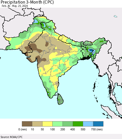 Southern Asia Precipitation 3-Month (CPC) Thematic Map For 2/26/2024 - 5/25/2024