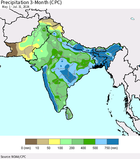 Southern Asia Precipitation 3-Month (CPC) Thematic Map For 5/1/2024 - 7/31/2024