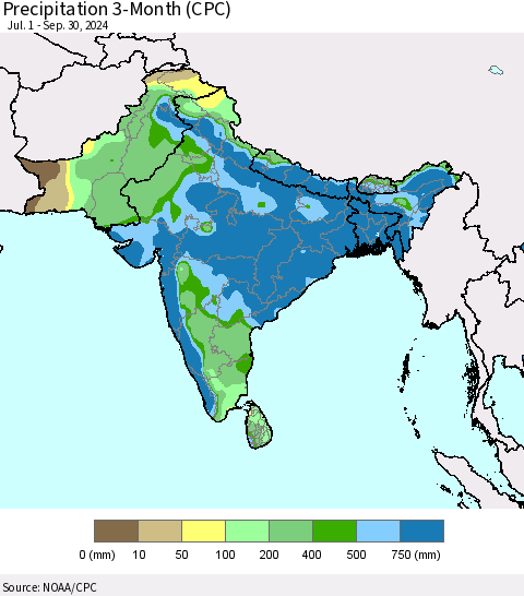 Southern Asia Precipitation 3-Month (CPC) Thematic Map For 7/1/2024 - 9/30/2024