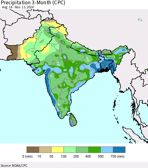 Southern Asia Precipitation 3-Month (CPC) Thematic Map For 8/16/2024 - 11/15/2024