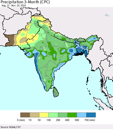 Southern Asia Precipitation 3-Month (CPC) Thematic Map For 8/21/2024 - 11/20/2024