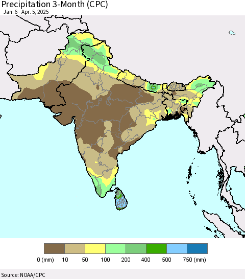 Southern Asia Precipitation 3-Month (CPC) Thematic Map For 1/6/2025 - 4/5/2025