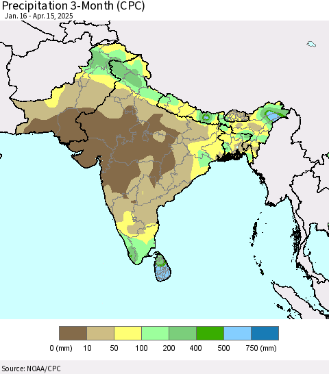 Southern Asia Precipitation 3-Month (CPC) Thematic Map For 1/16/2025 - 4/15/2025