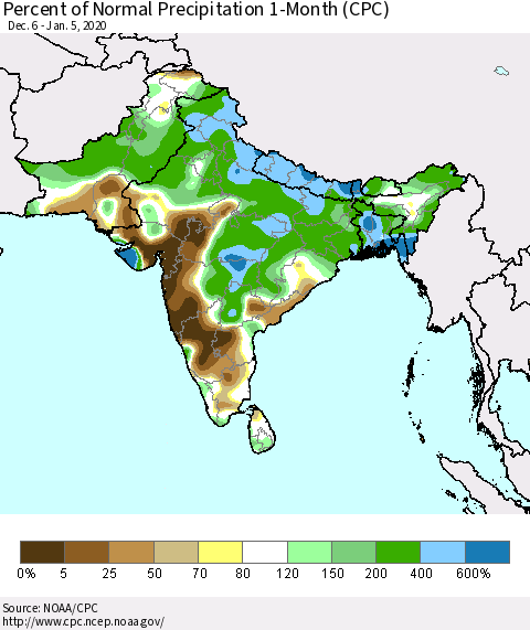Southern Asia Percent of Normal Precipitation 1-Month (CPC) Thematic Map For 12/6/2019 - 1/5/2020