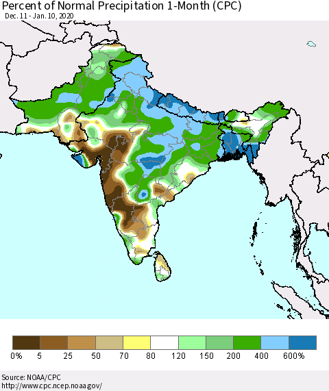 Southern Asia Percent of Normal Precipitation 1-Month (CPC) Thematic Map For 12/11/2019 - 1/10/2020