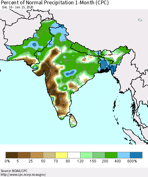 Southern Asia Percent of Normal Precipitation 1-Month (CPC) Thematic Map For 12/16/2019 - 1/15/2020
