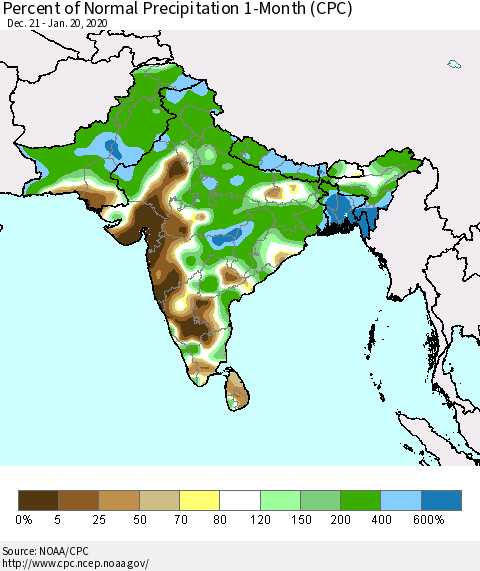 Southern Asia Percent of Normal Precipitation 1-Month (CPC) Thematic Map For 12/21/2019 - 1/20/2020