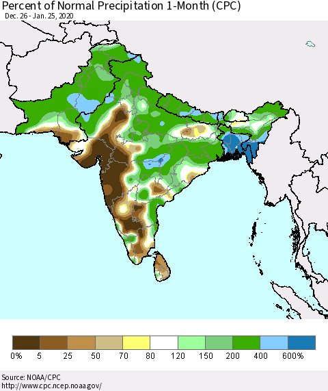 Southern Asia Percent of Normal Precipitation 1-Month (CPC) Thematic Map For 12/26/2019 - 1/25/2020