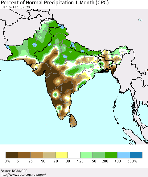 Southern Asia Percent of Normal Precipitation 1-Month (CPC) Thematic Map For 1/6/2020 - 2/5/2020