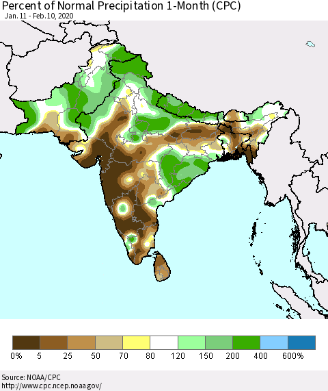 Southern Asia Percent of Normal Precipitation 1-Month (CPC) Thematic Map For 1/11/2020 - 2/10/2020