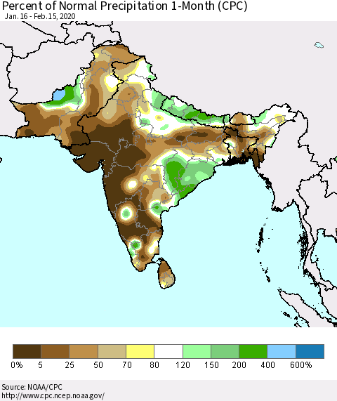 Southern Asia Percent of Normal Precipitation 1-Month (CPC) Thematic Map For 1/16/2020 - 2/15/2020