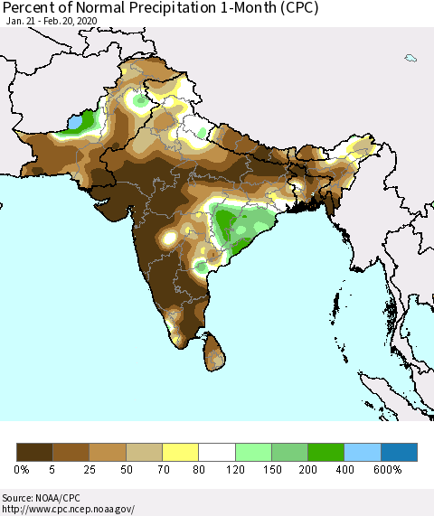Southern Asia Percent of Normal Precipitation 1-Month (CPC) Thematic Map For 1/21/2020 - 2/20/2020
