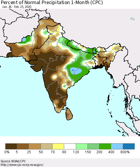 Southern Asia Percent of Normal Precipitation 1-Month (CPC) Thematic Map For 1/26/2020 - 2/25/2020