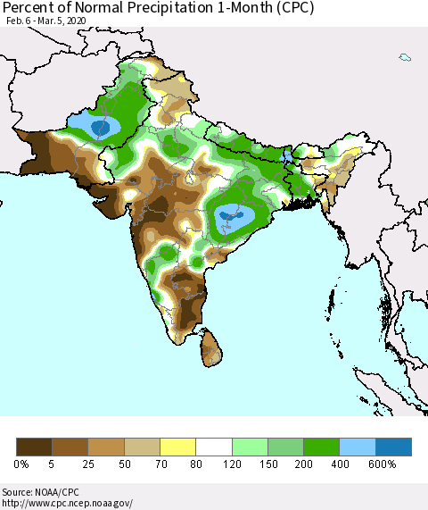 Southern Asia Percent of Normal Precipitation 1-Month (CPC) Thematic Map For 2/6/2020 - 3/5/2020