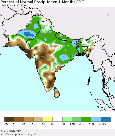 Southern Asia Percent of Normal Precipitation 1-Month (CPC) Thematic Map For 2/11/2020 - 3/10/2020