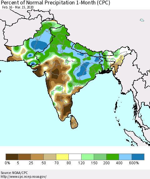 Southern Asia Percent of Normal Precipitation 1-Month (CPC) Thematic Map For 2/16/2020 - 3/15/2020