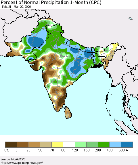 Southern Asia Percent of Normal Precipitation 1-Month (CPC) Thematic Map For 2/21/2020 - 3/20/2020