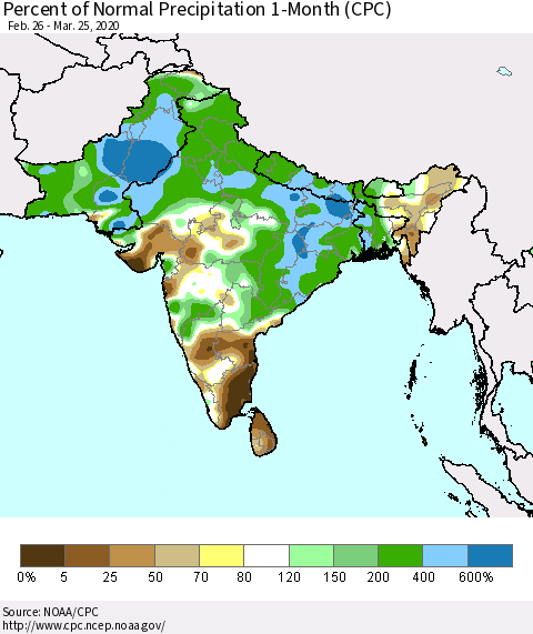 Southern Asia Percent of Normal Precipitation 1-Month (CPC) Thematic Map For 2/26/2020 - 3/25/2020