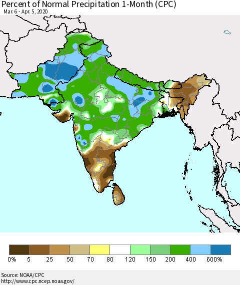 Southern Asia Percent of Normal Precipitation 1-Month (CPC) Thematic Map For 3/6/2020 - 4/5/2020